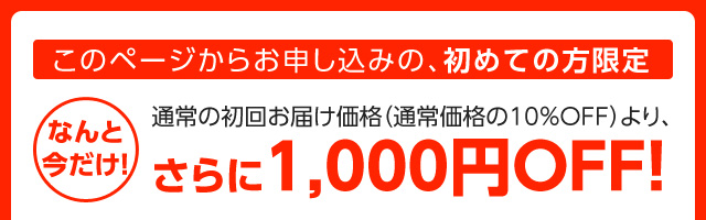 このページからお申し込みの初めての方限定！なんと今だけ、通常の初回お届け価格（通常価格の10％OFF）より、さらに1,000円OFF！