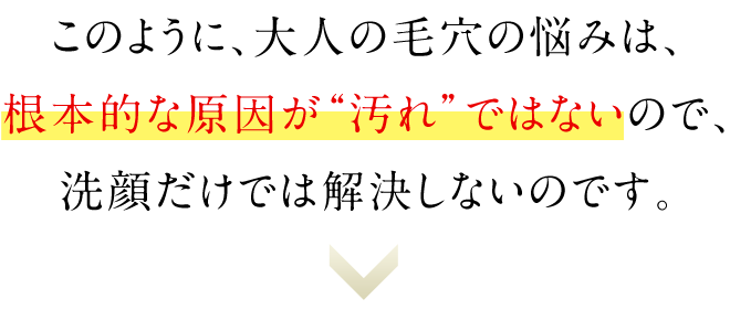 このように、大人の毛穴の悩みは、根本的な原因が「汚れ」ではないので、洗顔だけでは解決しないのです。