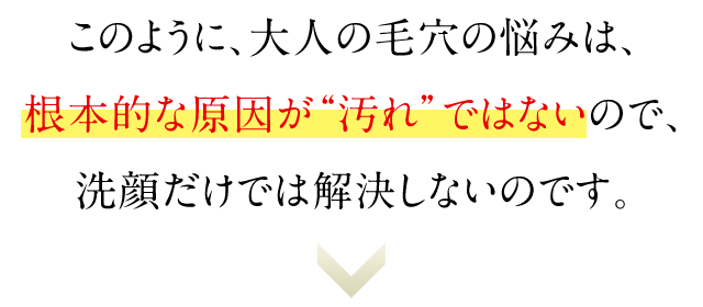 このように、大人の毛穴の悩みは、根本的な原因が「汚れ」ではないので、洗顔だけでは解決しないのです。