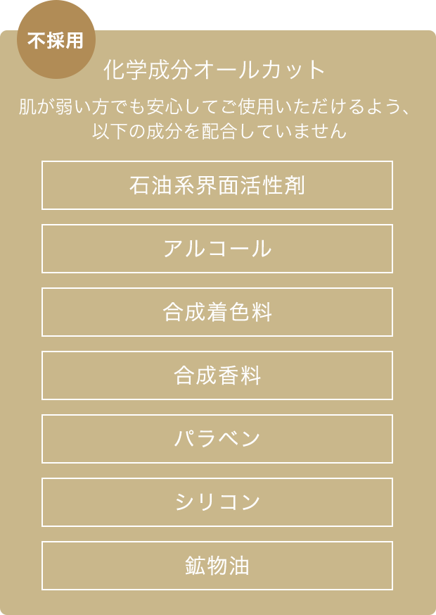 石油系界面活性剤 アルコール 合成着色料 合成香料 パラベン シリコン 鉱物油