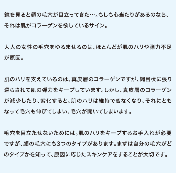 鏡を見ると顔の毛穴が目立ってきた・・・。