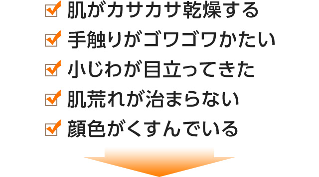 「肌がカサカサ乾燥する」「手触りがゴワゴワかたい」「小じわが目立ってきた」「肌荒れが治まらない」「顔色がくすんでいる」