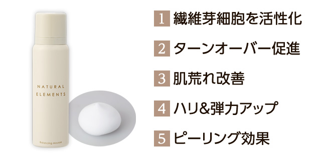 1.繊維芽細胞を活性化、2.ターンオーバー促進、3.肌荒れ改善、4.ハリ＆弾力アップ、5.ピーリング効果